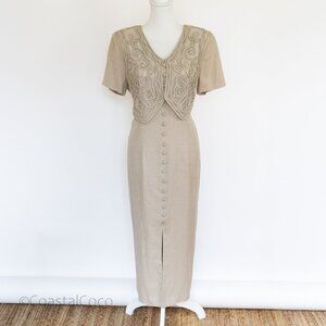 Vintage Casual Corner Linen Blend Dress 12P Sheath Embroidered Elegant Retro